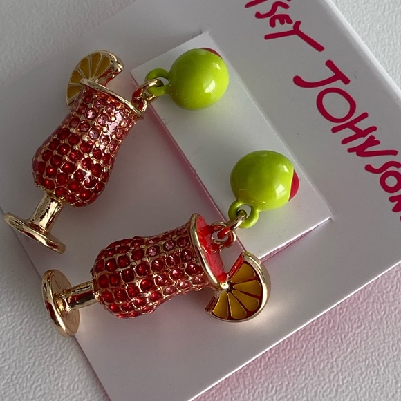 Betsey Johnson Pink Cocktail Glass Rhinestone Earrings NWT - Picture 2 of 3